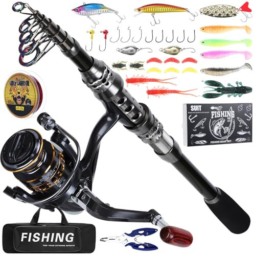 Yaskyly 2.1M Angelrute Set Komplett Carbon Fiber Angelruten Teleskoprute und Spule Combo Kit mit Angelschnur Angelköder Set und Tragetasche, Geschenk Erwachsene für Salzwasser Süßwasse Fishing