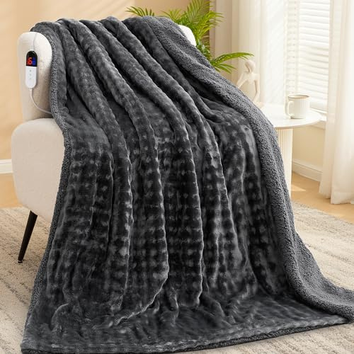 Manta Eléctrica 150x200 cm, Tejido 3D de Burbujas y Vellón Sherpa, 6 Niveles de Calor, Temporizador 1-10H, Manta Eléctrica Doble Cara para Cama Sofá Oficina, Lavable a Máquina, Idea de Regalo, Gris
