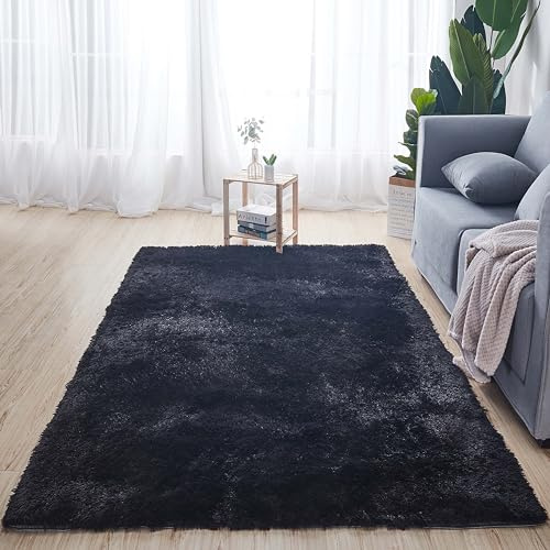 Tappeto morbido e soffice a pelo alto, antiscivolo, per soggiorno, camera da letto e camera dei bambini, spesso, decorativo, di lusso, nero, 160 x 230 cm