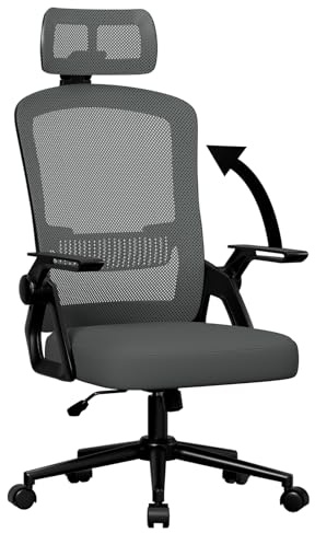 naspaluro Sedia da Ufficio, Scrivania Ergonomica con Poggiatesta Regolabile, Con Braccioli Pieghevoli, Seduta e Schienale in Rete Respirante, Girevole con Ruote, Funzione Oscillante, Grigio scuro