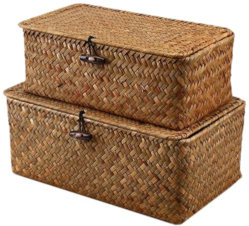 Cestino con coperchio, 2 cestini portaoggetti con coperchio 10x6x4 e 9x5x3 pollici Cestini portaoggetti in alghe marine fissati con filo intrecciati con serratura in legno per riporre decorazioni, ce