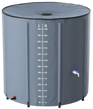 TATIVALO Récupérateur d'eau de pluie pliable 750 l, grand réservoir d'eau de pluie, avec couvercle et robinet, réservoir stable en PVC, résistant aux UV, pour arrosage du jardin, gris foncé