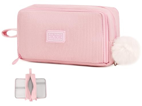 Byitin Pink Pencil Case for Girls Women, Corduroy Pen Pouch Large Capacity | Cute Pencil Cases with 3 Compartments & Zipper, Pencilcase for Office School Stationery Organization