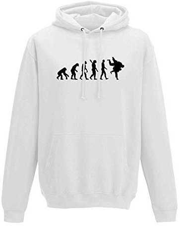 Jimmys Textilfactory Hoodie Evolution Judo Kampfsport Wurf Judoka Anzug 10 Farben Herren XS - 5XL Keikogi Judo-Gi Judo-Anzug KYU Kampfkunst Jiu Jitsu Karate, Größe: S, Farbe: Weiss - Logo schwarz