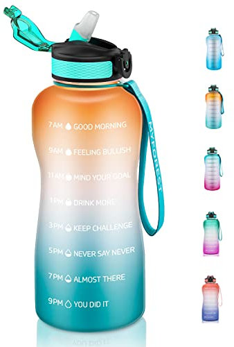 MYFOREST - Botella de agua (2200 ml, gran botella deportiva, 2,2 litros, marcador de tiempo para hidratación motivacional, sin BPA, anticaída, boquilla abatible: fría/caliente/bebidas