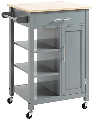 HOMCOM Compact Kitchen Trolley Utility Cart on Wheels with Open Shelf & Storage Drawer for Dining Room, Kitchen, Grey