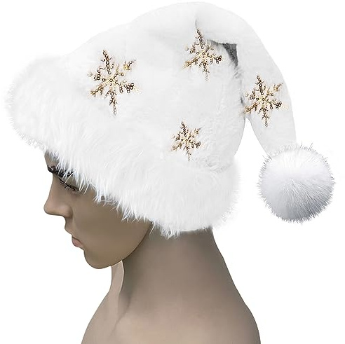 TINMIX Christmas Hat Santa Hat for Adult Unisex with Gold Snowflakes, Plush Xmas Holiday Hat for New Year Festive Party Supplies