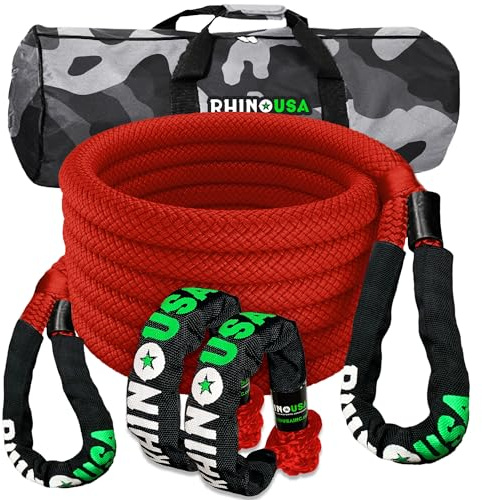 Rhino USA Corda Traino Auto di Recupero - Fune Corda Rimorchio Auto Cinetica - 2,2 cm x 9 m - Corda Resistente con 2 Grilli Morbidi - per UTV ATV LKW Fuoristrada Trattore - Rosso
