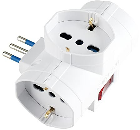 POLY POOL - PP2385 Adattatore Presa Multipla Multisize SalvaSpazio - Adattatore Spina Italiana 16A e Tripla Presa Schuko Pluristandard P40 10A-16A - Adattatore Multipresa con Interruttore Sicurezza