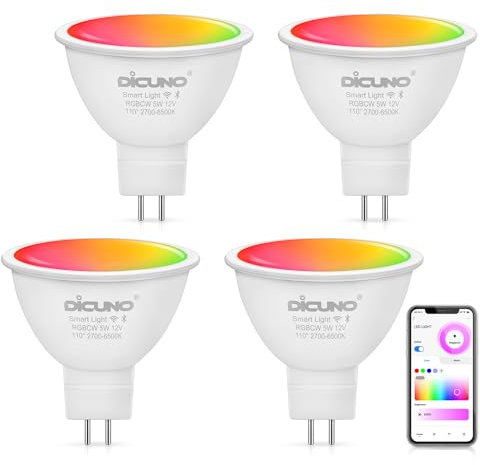 DiCUNO Lampadine Wi-Fi LED Inteligente GU5.3, compatibile con Alexa e Google Home, MR16, 12V, Faretto 5W Dimmerabile Multicolore 2700K-6500K RGBCW, 320LM, Nessun Hub richiesto, 4 Pezzi