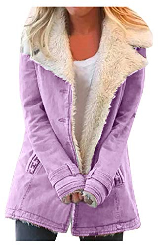 L9WEI Chaqueta Vintage de Mujer de Cuero Sintético con Solapa de Ante de Color Sólido Engrosada de Otoño Invierno Parker, morado, XXL