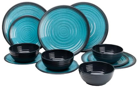 FLAMEFIELD GRANITE AQUA Service de table en mélamine 12 pièces – Vaisselle sereine inspirée de l'océan, durable et incassable pour un repas élégant.