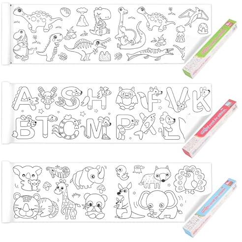 Radsocken 3Pcs Children's Drawing Roll, 3m Colouring Roll for Kids, Drawing Paper Roll,DIY Painting Color Filling Paper for Toddler Drawing, Art Sketch Painting(Animal Dinosaur Digital)