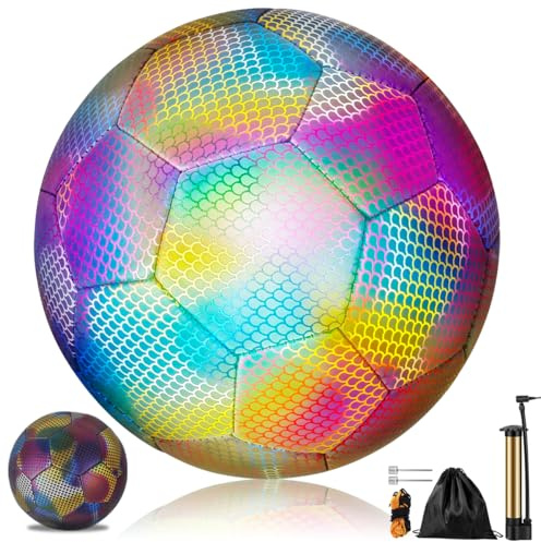 Sutowe Reflective Football Glowing Reflective Soccer Luminous Soccer Ball Glow in the Dark Official Size 5, Holographic Light Up Bright Football for Kids Adults Outdoor Sports