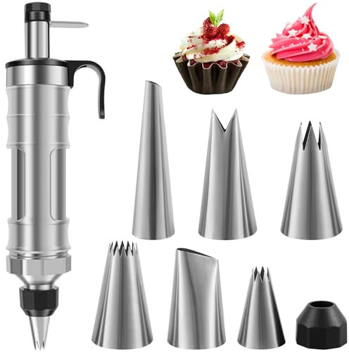Juego de jeringas para decoración de postres, kit de tuberías de glaseado de acero inoxidable con 6 boquillas de glaseado, herramientas reutilizables para decoración de pasteles de postre, juego de