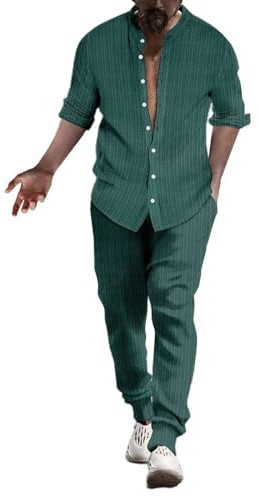 Pvucpot Tuta Maschile in Lino e Cotone - Camicia e Pantaloni a Maniche Lunghe - Vestito Casual per Yoga e Pigiama