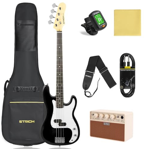 STRICH Electric Bass Guitar 4 Strings Full-Size Beginner Kit, PB-Style Standard Bass for Starter with 2 x 5w Amp, Bag, Tuner, Strap, Cable, SPB-S10 Black
