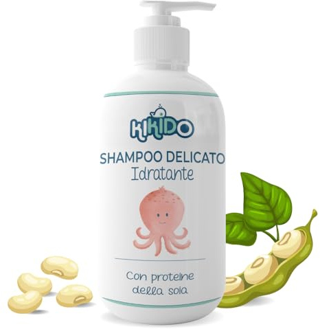 Kikido Shampoo Bambini 250 ml - Per Cute Sensibile Neonato Con Proteine della Soia e del Latte - Gel Detergente Delicato Emolliente Senza Lacrime