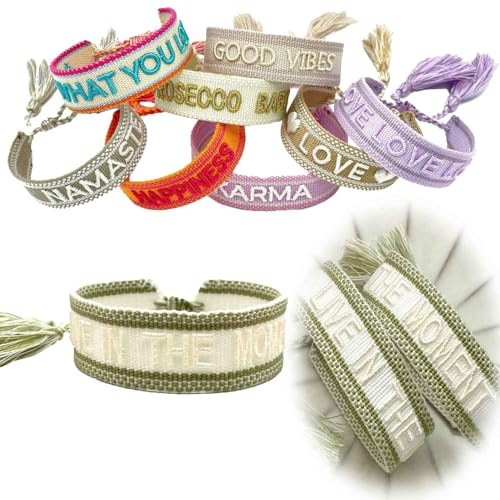 LS-LebenStil Exklusives Statement Armband - das Original Live in The Moment Weiß Grün 16-20cm Quasten besticktes Boho Canvas Webarmband Damen Freundschaftsarmband Geschenk gewebt textil Stoffarmband