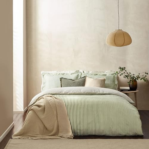 furn. Yard Hebden 100% Cotton Stripe Duvet Cover Set – Reversible Striped Bedding (Forest, Single)