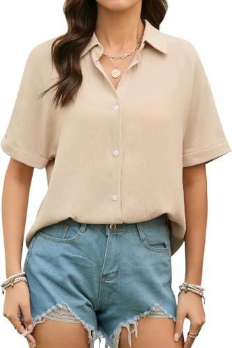 Stamain blus damer kortärmad muslinskjorta blus damer sommar ledig blus skjorta enfärgad elegant V-ringad kortärmad blus, kaki, L