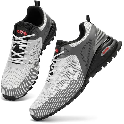 Kricely Men's Trail Running Shoes Non Slip Hiking Trekking Shoes Cross Training Tennis Shoes Breathable Fashion Sneakers Lightweight Workout Footwear Outdoor Gym Jogging Light Grey Size 10