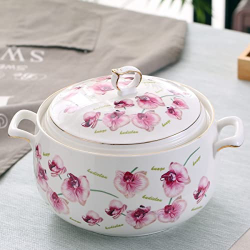 Stor 3 L keramisk soppterrin med lock dubbla handtag porslinsorkidédesign med guldkant mikrovågsugn och diskmaskinssäker elegant serveringsskål för kök (typ 3)