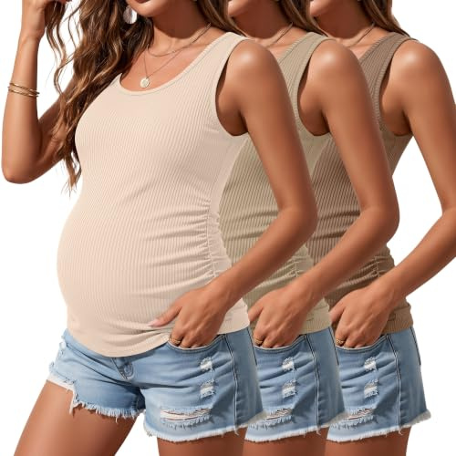 Riyiper 3 Pack Women's Maternity Tank Tops | Pregnant Woman Sleeveless Shirts, Cotton Pregnancy T-Shirts, Ribbed Knit, Sides Ruched, Basic, Mama Clothes, Summer