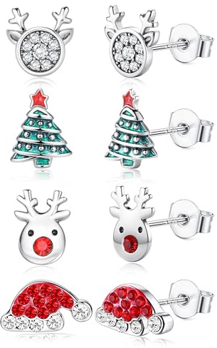 ORAZIO 4 Pares Pendientes Navidad Plata Mujer Niñas Piercing Oreja Hipoalergénicos Copo Nieve Pendientes Sombrero Pendientes Plata De Ley 925 Regalos Navidad Mujer