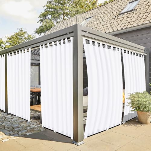 Teruntrue Rideau d'extérieur 2 pièces résistant aux intempéries avec Sangles à Scratch, Voilage Balcon terrasse, Protection Solaire et intimité, Passants en Bas, H200 x L155 cm, Blanc