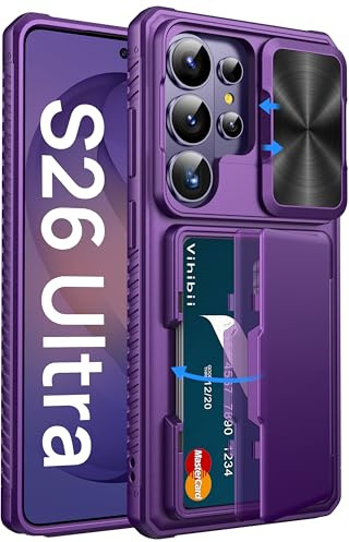 Vihibii Cover per Samsung Galaxy S26 Ultra 5G con Protezione Fotocamera, Custodia Porta Carte (4 Cartes), Protezione Antiurto Militare Resistente Anti Graffio Silicone Portafoglio Case, Viola Scuro