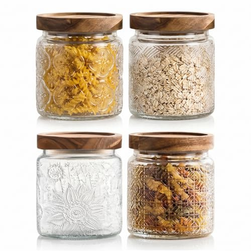 LZDGCC Tarros de almacenamiento con tapa de madera, 500 ml (4 piezas), azucarero vintage con tapa, herméticos para granos de café, té suelto, azúcar para suministros, grandes y pequeños