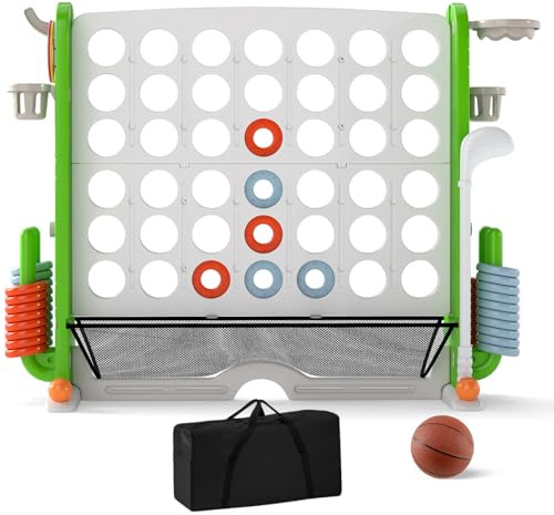 Maxmass Giant Four in a Row, 4 to Score Jumbo Game with 42 Chess Rings, 3 Toss Rings, Basketball Hoop, Mini Golf, Carrying Bag, Outdoor Indoor Connect 4 Game for Kids Adults (White + Green)