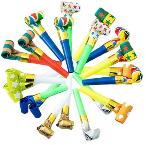 Sopladores de fiesta para niños, paquete de 20 sopladores de fiesta con silbatos, generadores de ruido coloridos para fiestas de cumpleaños, festivales, celebraciones de boda (colores surtidos)