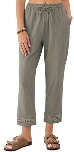 Famulily Women's Cotton Linen Trousers Slightly Cropped Pants with Pockets Lace Hem for Summer Beach Holiday