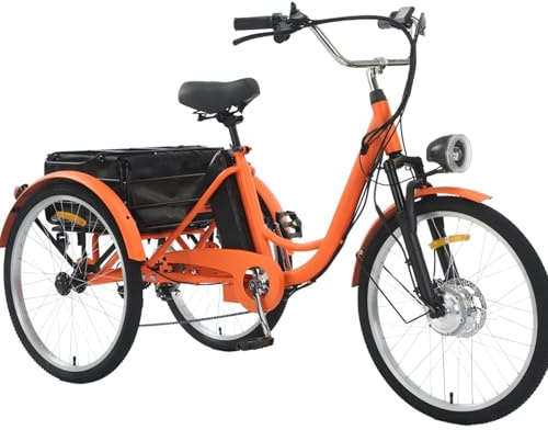 FANGZHL Tricycle Électrique pour Adultes,Tricycle Électrique 24 Pouces avec Batterie Amovible 36 V 13 Ah,Vélo Électrique À 3 Roues,Autonomie 45 Km,Capacité De Charge 160 Kg Orange