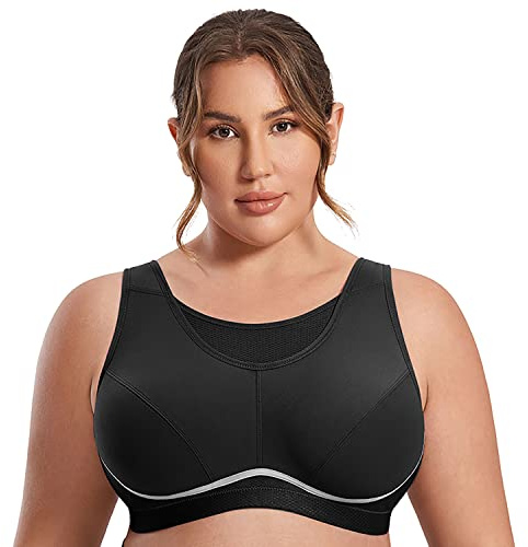 SYROKAN Femme Grande Taille Soutien-Gorge de Sport Maintien Normal sans Armatures Noir - Front de Maille 115G