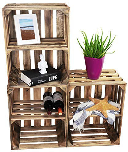 LAUBLUST Vintage Holzkisten 3er Set - Weinkiste Regalboden Quer - 50x40x30cm, Geflammt, Unbenutzt | Deko & Möbelkiste