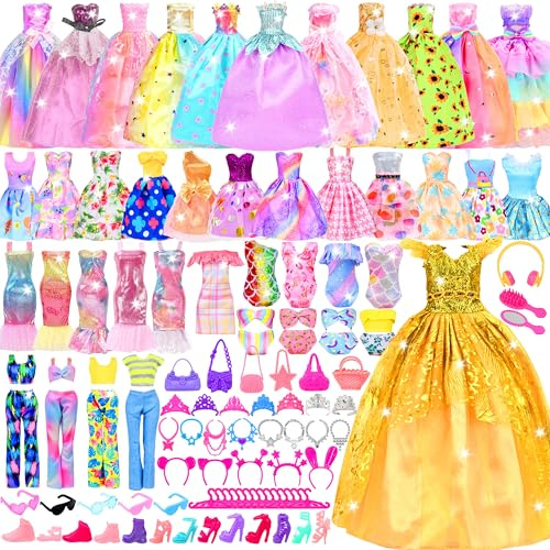 85 Pcs Doll Clothes and Accessories Kit, Include Princess Gowns, Fashion Skirts, Evening Dresseses, Tops, Pants, Bikini Swimsuits, Shoes, Crowns, Necklaces, Glasses in Gift Box for 11-12 Dolls