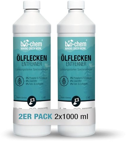 bio-chem Ölfleckentferner 2x 1 Liter - Zur effektiven Entfernung von Ölflecken aller Art - für Pflastersteine, Beton, Asphalt u.v.m. - Made in Germany