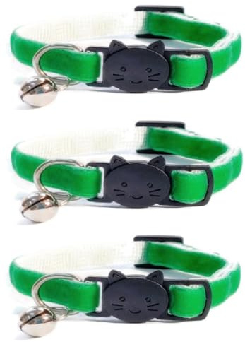 Velvet Cat Collars with Bell. Safe Breakaway Quick Release Buckle. Available in Cat & Kitten Size (Pack of 3) (Kitten Collar (15cm - 23cm), Green Velvet (Pack of 3))