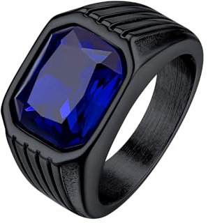 Bestyle Herren-Ring Mit Stein - Retro 10 * 12mm Quadrat Schliff Edelstein Blauer Saphir Band für Männer, Gothic Siegelring, Schwarz, Größe 62