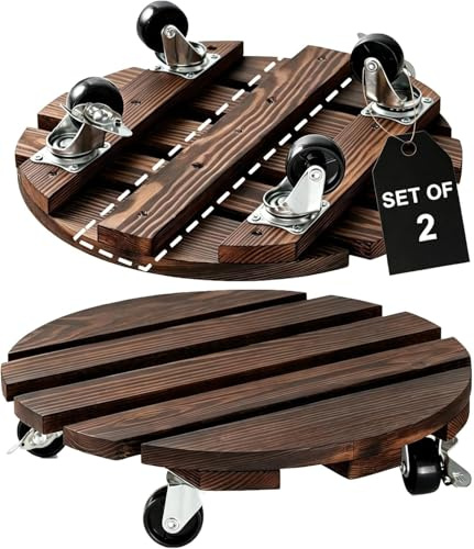 CHAMSUREUK Lot de 2 supports pour plantes en bois avec roulettes de 30 cm - 12 pouces avec roulettes verrouillables en métal - Chariot pour pot de fleurs robuste pour intérieur/extérieur/maison/jardin