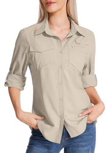 Chemise de safari à manches longues pour femme UPF 50 Protection solaire UV Séchage rapide Randonnée Marche Pêche Voyage en plein air, kaki clair, L