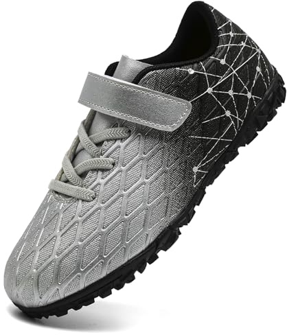 PiDaGlobal Kinder Fußballschuhe Jungen Mädchen Kunstrasen Kickschuhe Klettverschluss Multinocken Fussballschuhe Tausendfüßler Trainingsschuhe 37EU Silber