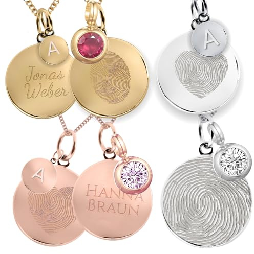 PERSONOVA Collana personalizzata con impronta digitale con incisione – Opzionalmente con pietra portafortuna o lettere – placcata in oro 18 carati, oro rosa, argento – gioiello commemorativo e idea
