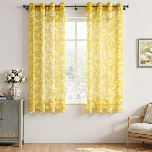 CUTEWIND Vorhang mit Ösen Voile Gardine Kurz Kinderzimmer Gardinen Mädchen Gelb 2er Set 145 cm Lang 140 cm Breit, Gardine Gelbe Transparente Vorhänge mit Weißen Blätterdrucken Muster Fenster