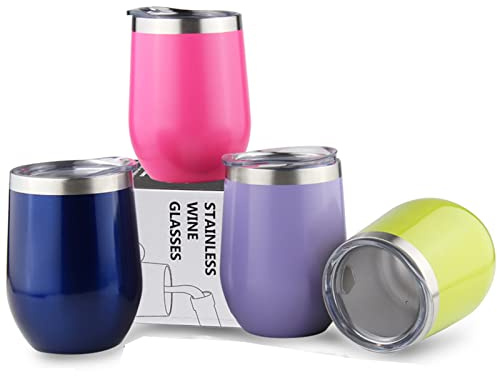 Sivaphe Cups Stainless Steel Wine Tumblers Insulated Double Walled Coffee Tea Glasses with Lids for Camping Home Office Party 12OZ Set of 4 Green Purple Rose Red Navy