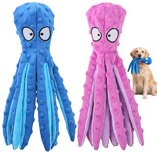 HGB Squeaky Dog Toys - Octopus No Stuffing Crinkle Plush Large Dog Toys to Keep Them Busy, Interactive Puppy Teething Chewing Pet Supplies for Chewer, Small, Medium, Large Breeds, 2 Pack