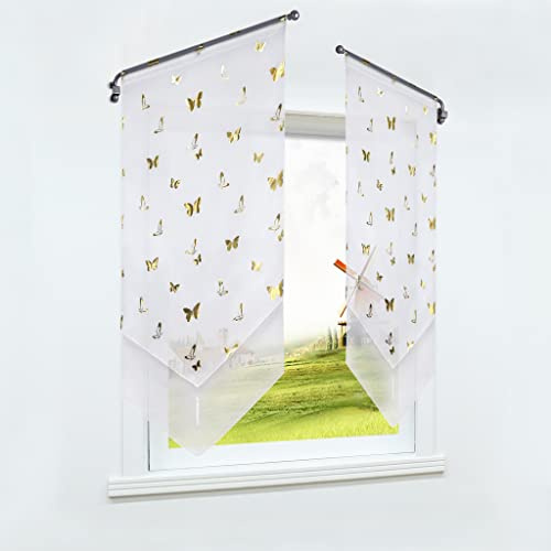 CORLIF Net Curtain with Drawstring Curtain Kitchen Bistro Curtains Panneaux Voile Short Curtain Transparent Curtains with Butterfly Print Gold W x H 80 x 150 cm 1 Piece
